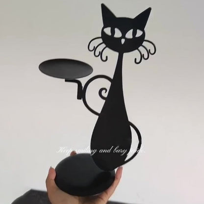 Mystic Black Cat Figurine Candle Holder