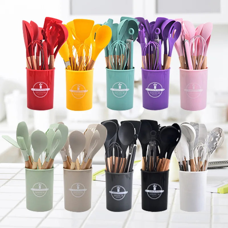 Non-Stick Silicone Kitchen Tools Set with Wooden Handles