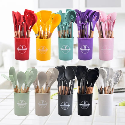 Non-Stick Silicone Kitchen Tools Set with Wooden Handles