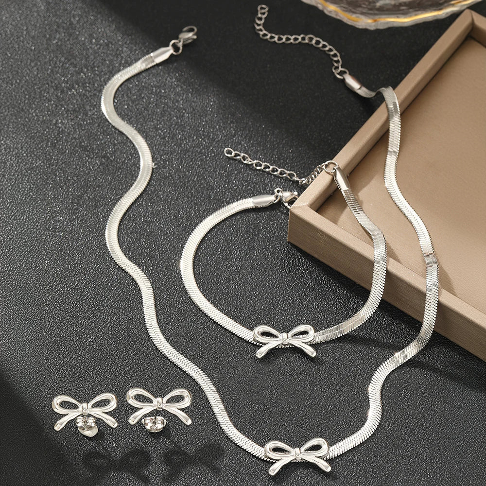 Delicate Bow Herringbone Jewelry Set for Women