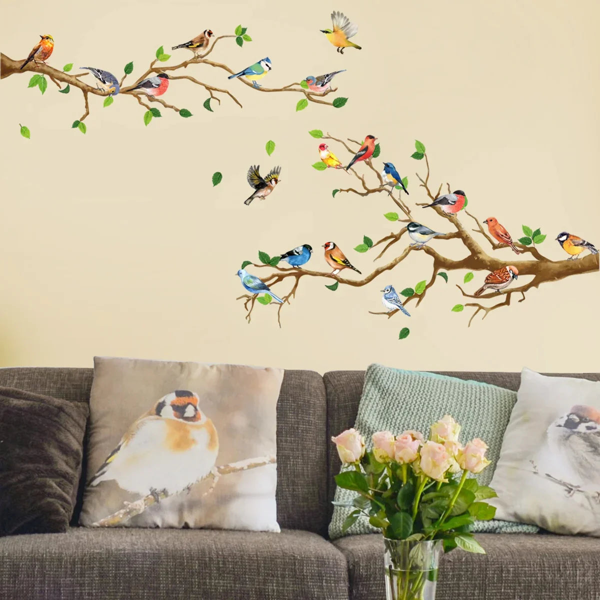 Decorative Bird Wall Decals with Leaves, 3D Vinyl Stickers