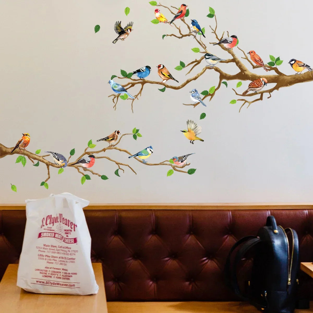 Decorative Bird Wall Decals with Leaves, 3D Vinyl Stickers