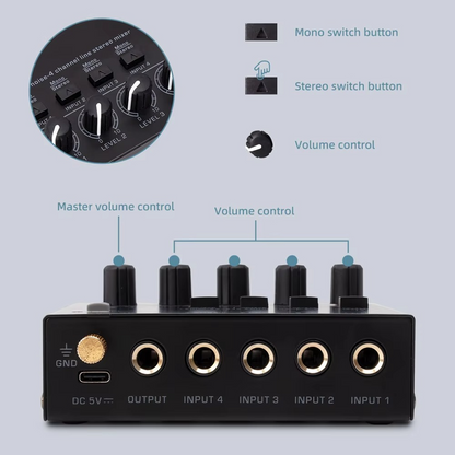 Portable 4-Channel Mini Audio Mixer with RCA Output