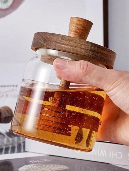 Natural Glass Honey Jar with Wooden Lid and Spoon - Fesara