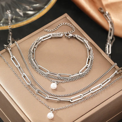 Delicate Pearl Chain Layering Bracelet Necklace Set