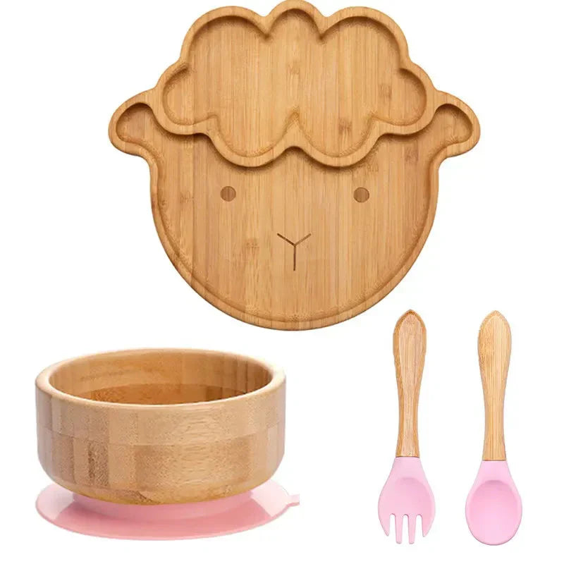 Natural Bamboo Baby Dish Set with Strong Suction Base