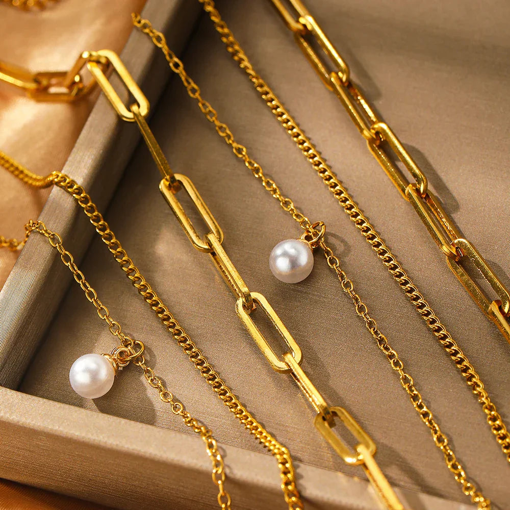 Delicate Pearl Chain Layering Bracelet Necklace Set