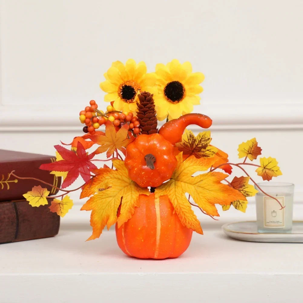 Fall Decorative Pumpkin with Fake Flowers, 25-30cm