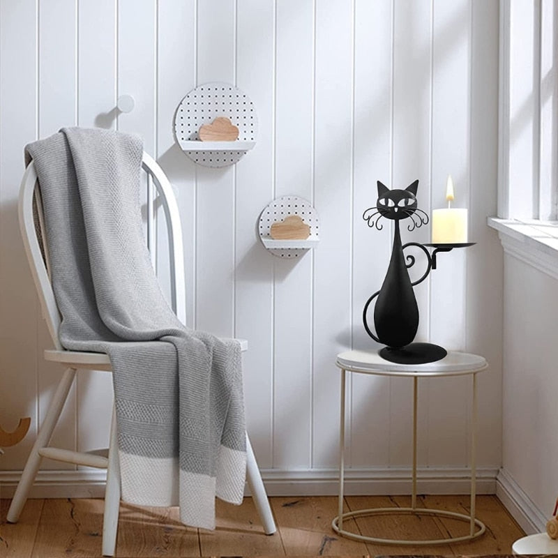 Mystic Black Cat Figurine Candle Holder