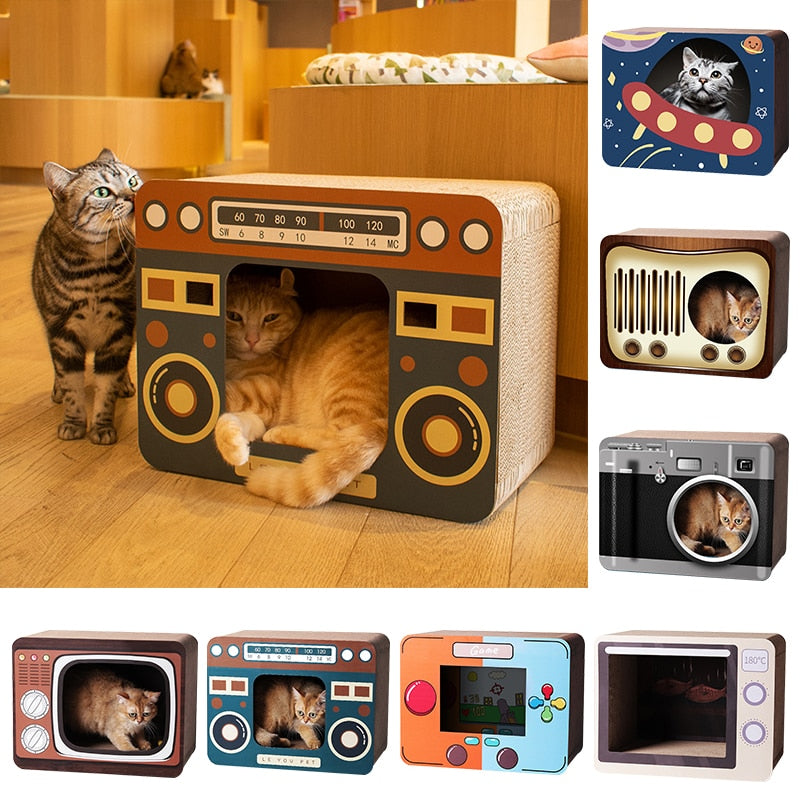 Rustic Wooden Cat Scratch Bed House