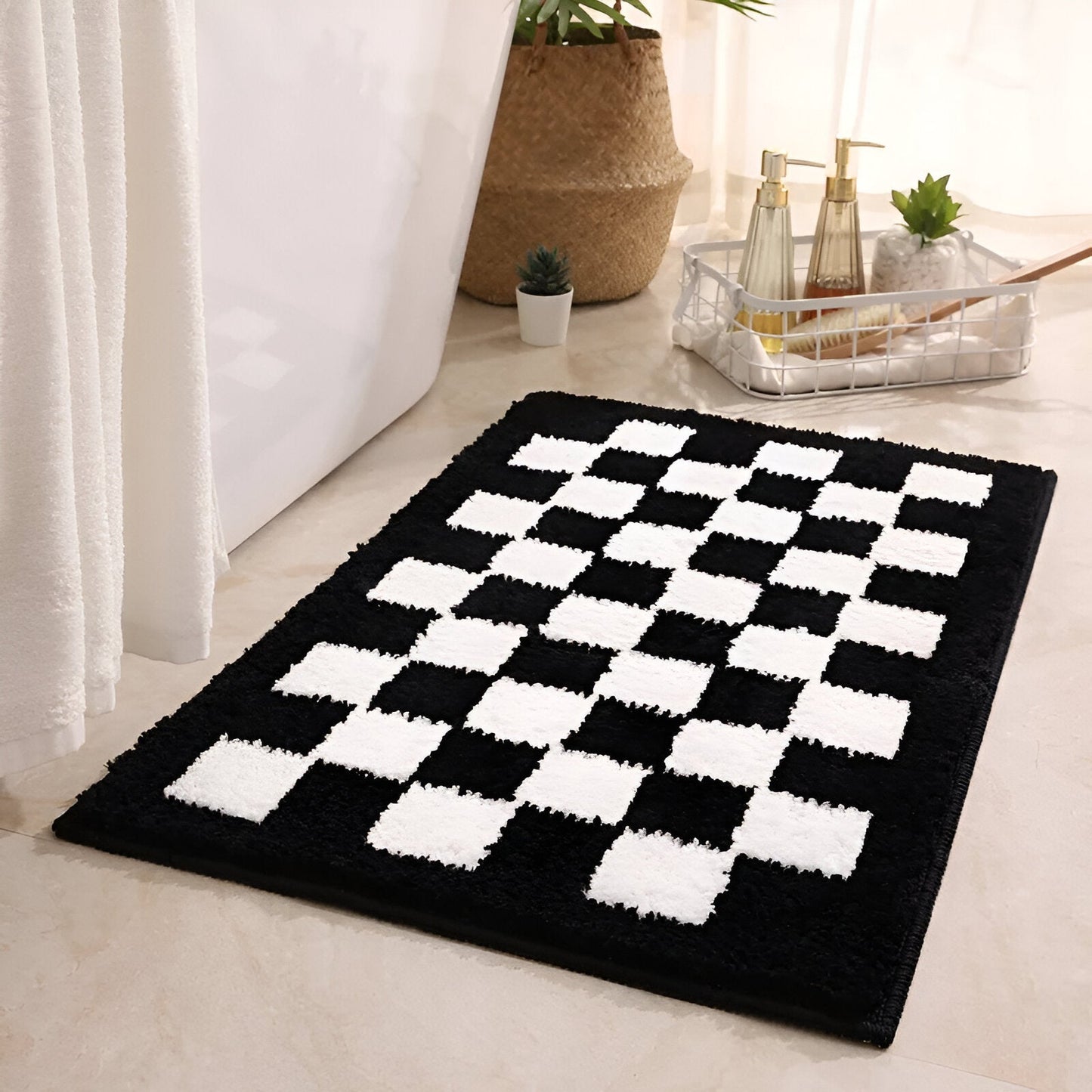 Soft Microfiber Bathroom Mat Black White Checkered - Fesara