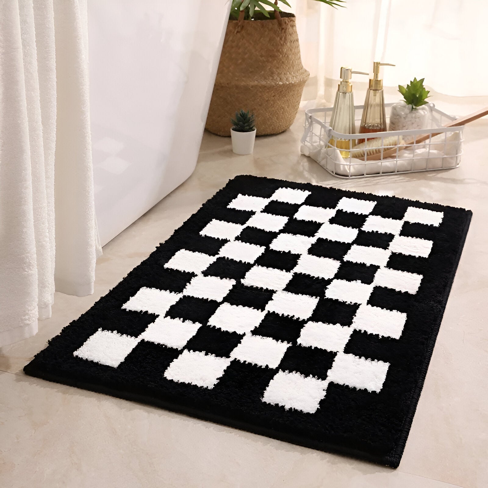 Soft Microfiber Bathroom Mat Black White Checkered - Fesara