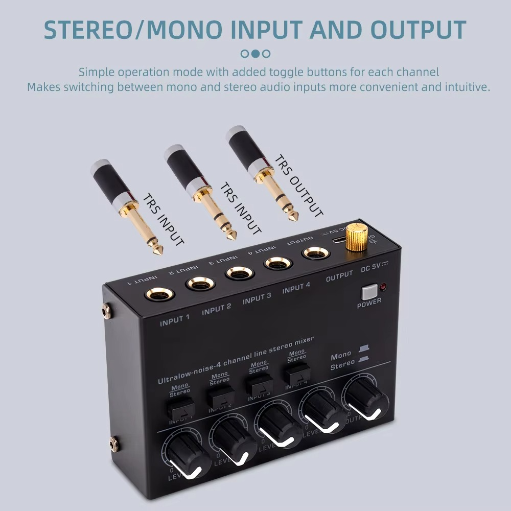 Portable 4-Channel Mini Audio Mixer with RCA Output