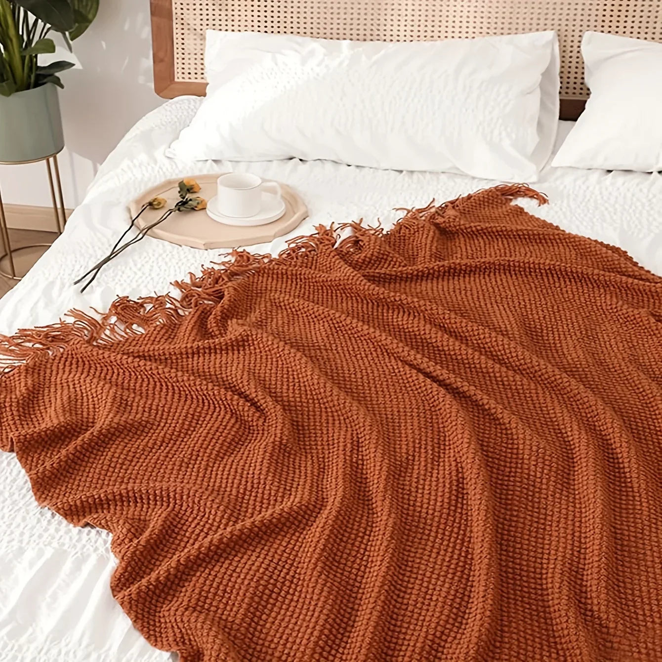 Plush Tassel Throw Blanket in Warm Orange
