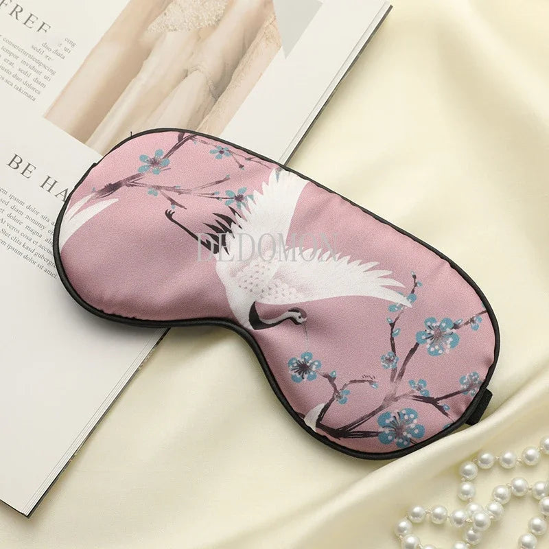 Soft Silk Eye Mask with Elegant Crane Pattern