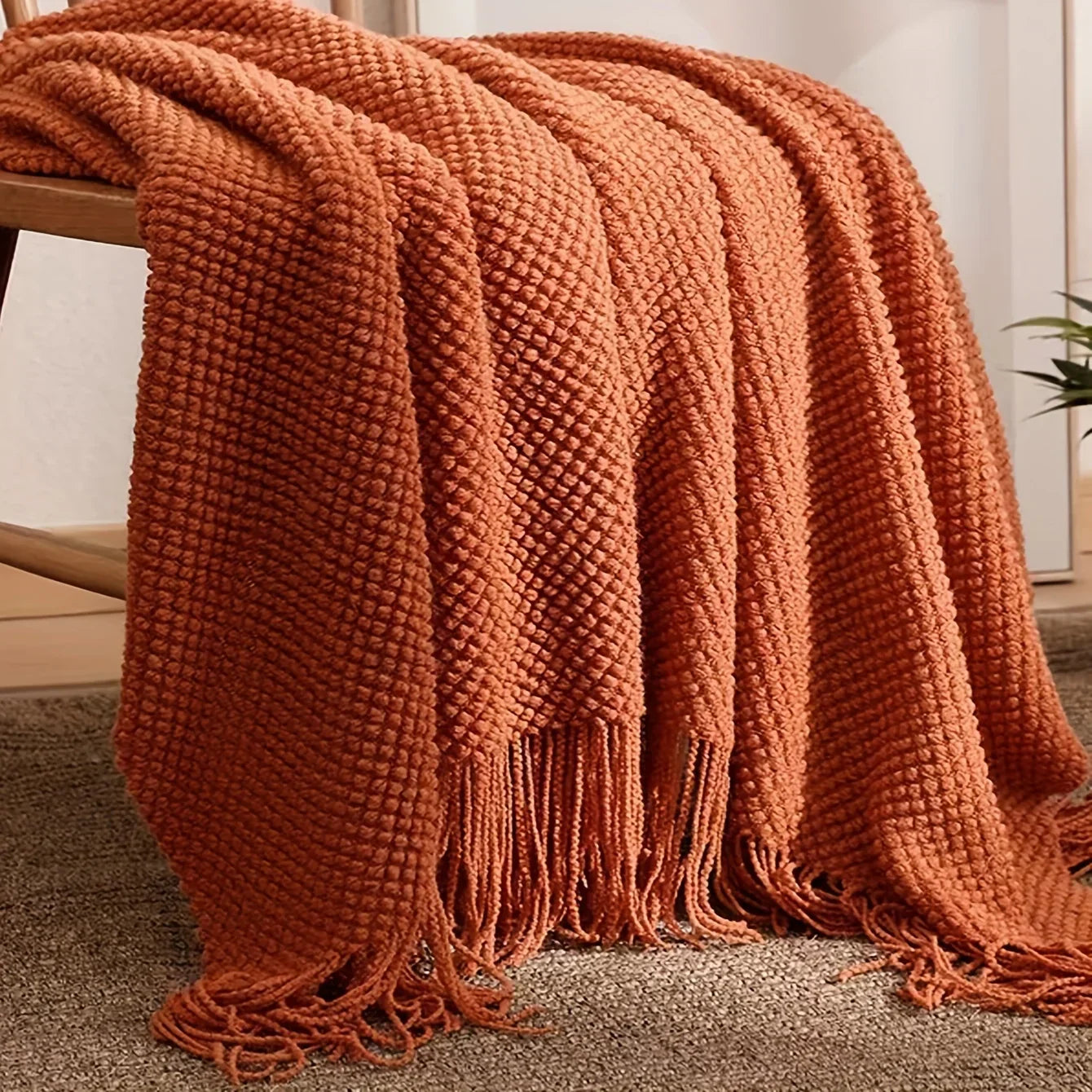 Plush Tassel Throw Blanket in Warm Orange - Fesara