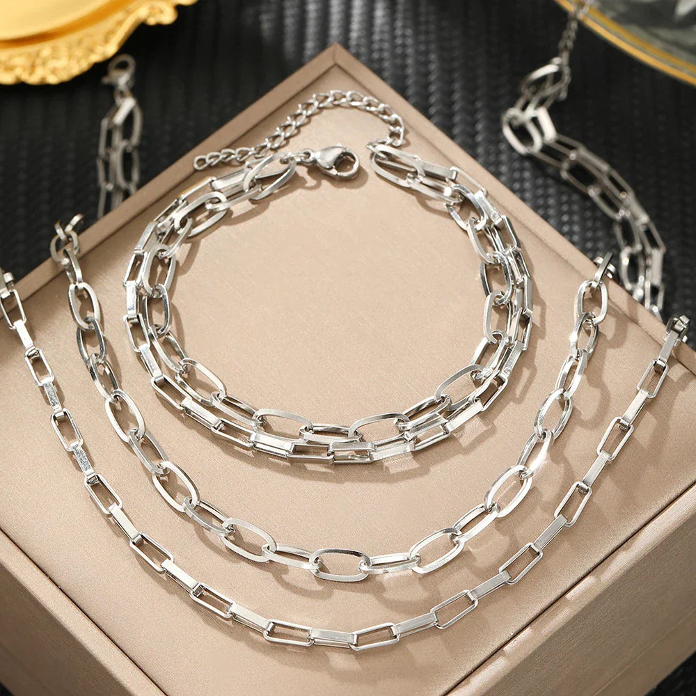 Stackable Paperclip Chain Bracelet Necklace Set