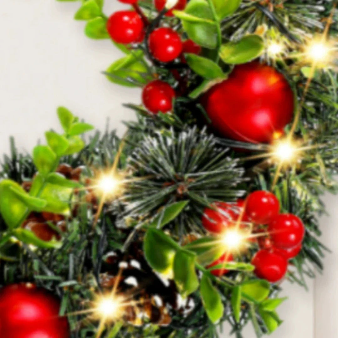 Fesara Christmas Wreath with LED Lights & Red Decorations - Fesara