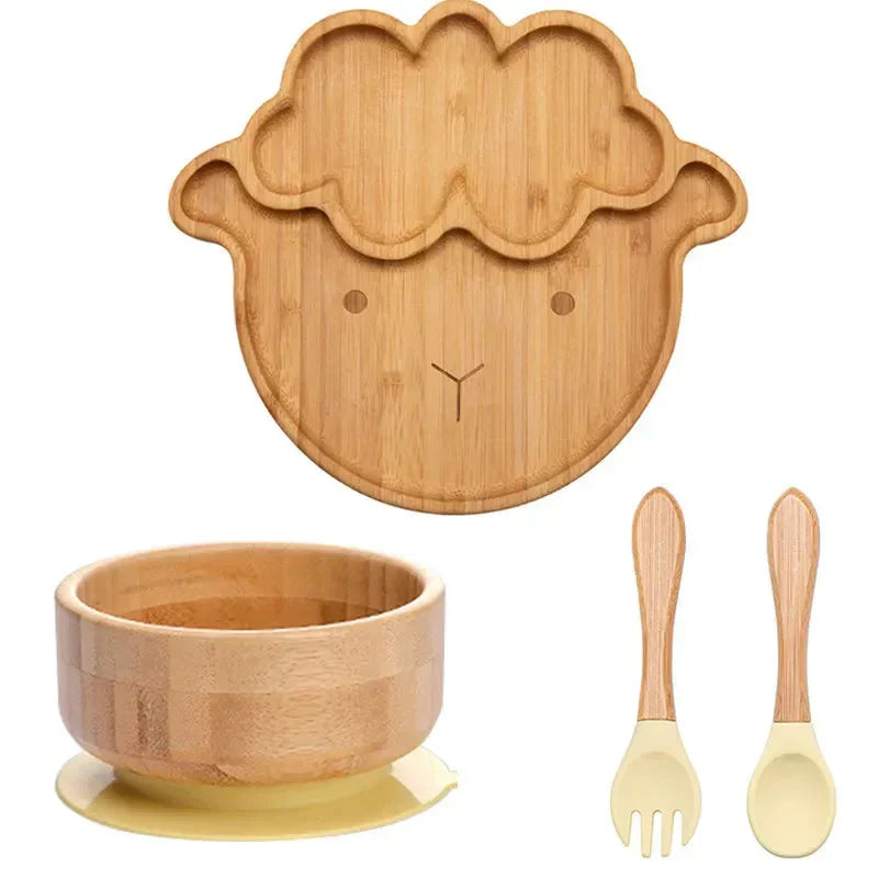 Natural Bamboo Baby Dish Set with Strong Suction Base
