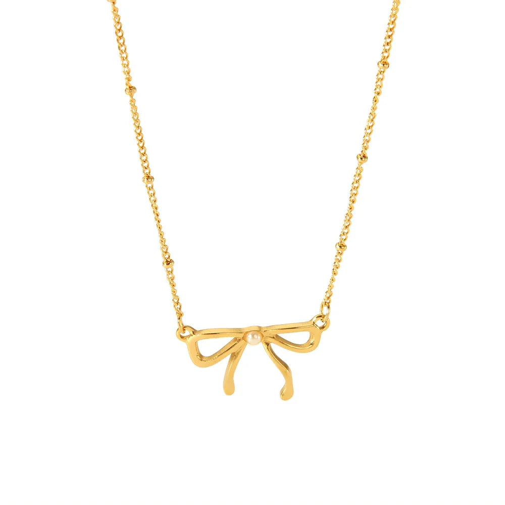 Delicate Bow Herringbone Pearl 18k Necklace