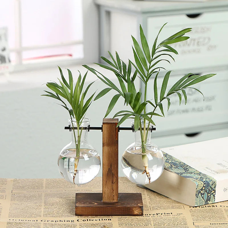 Modern Wood Accent Glass Vase Set for Fresh Flowers - Fesara