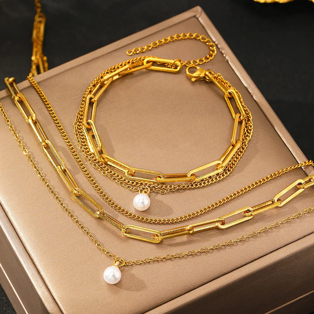 Delicate Pearl Chain Layering Bracelet Necklace Set