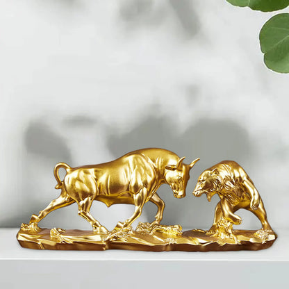 Lucky Bear and Bull Figurine, Asian Decor Statue Set
