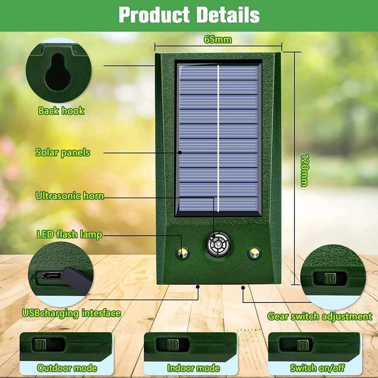 Outdoor Solar Powered Bird Repeller with LED Light
