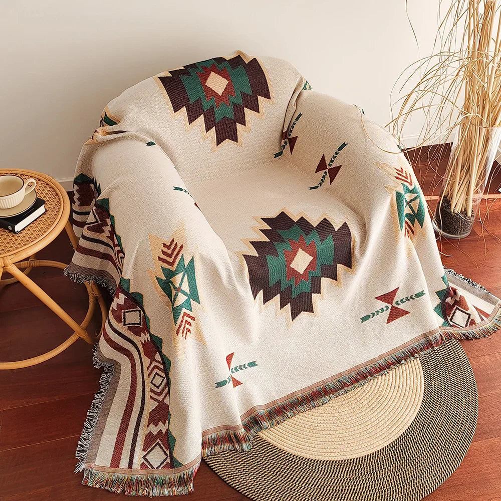 Large Boho Chic Aztec Throw Blanket with Fringe