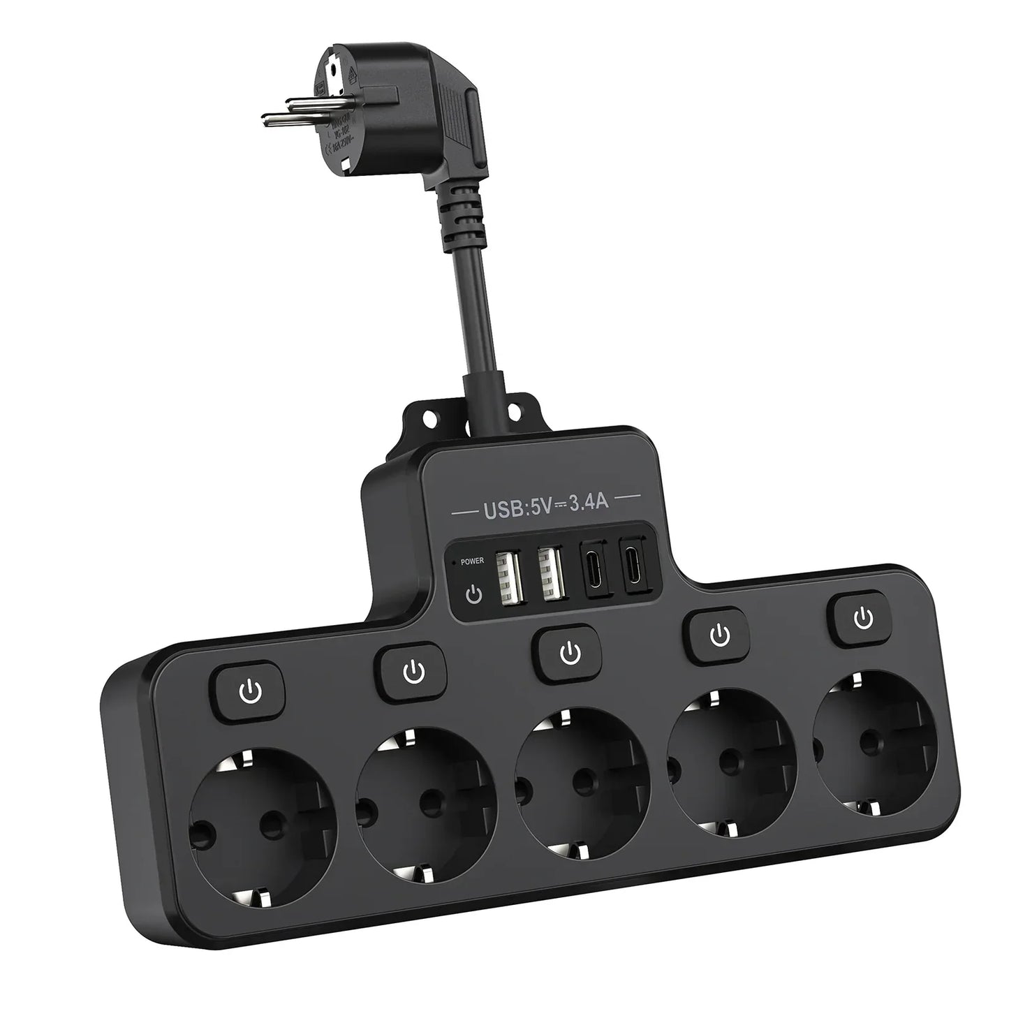 Compact EU Power Strip with 5 Outlets and 4 USB Ports - Fesara