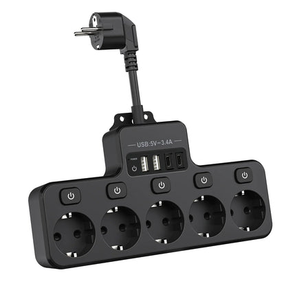 Compact EU Power Strip with 5 Outlets and 4 USB Ports - Fesara