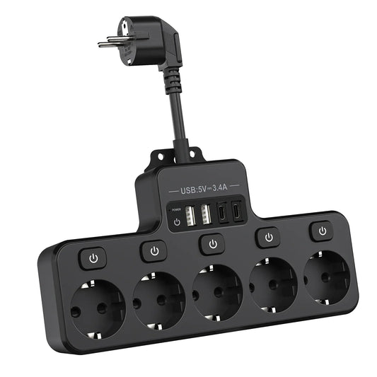 Compact EU Power Strip with 5 Outlets and 4 USB Ports - Fesara