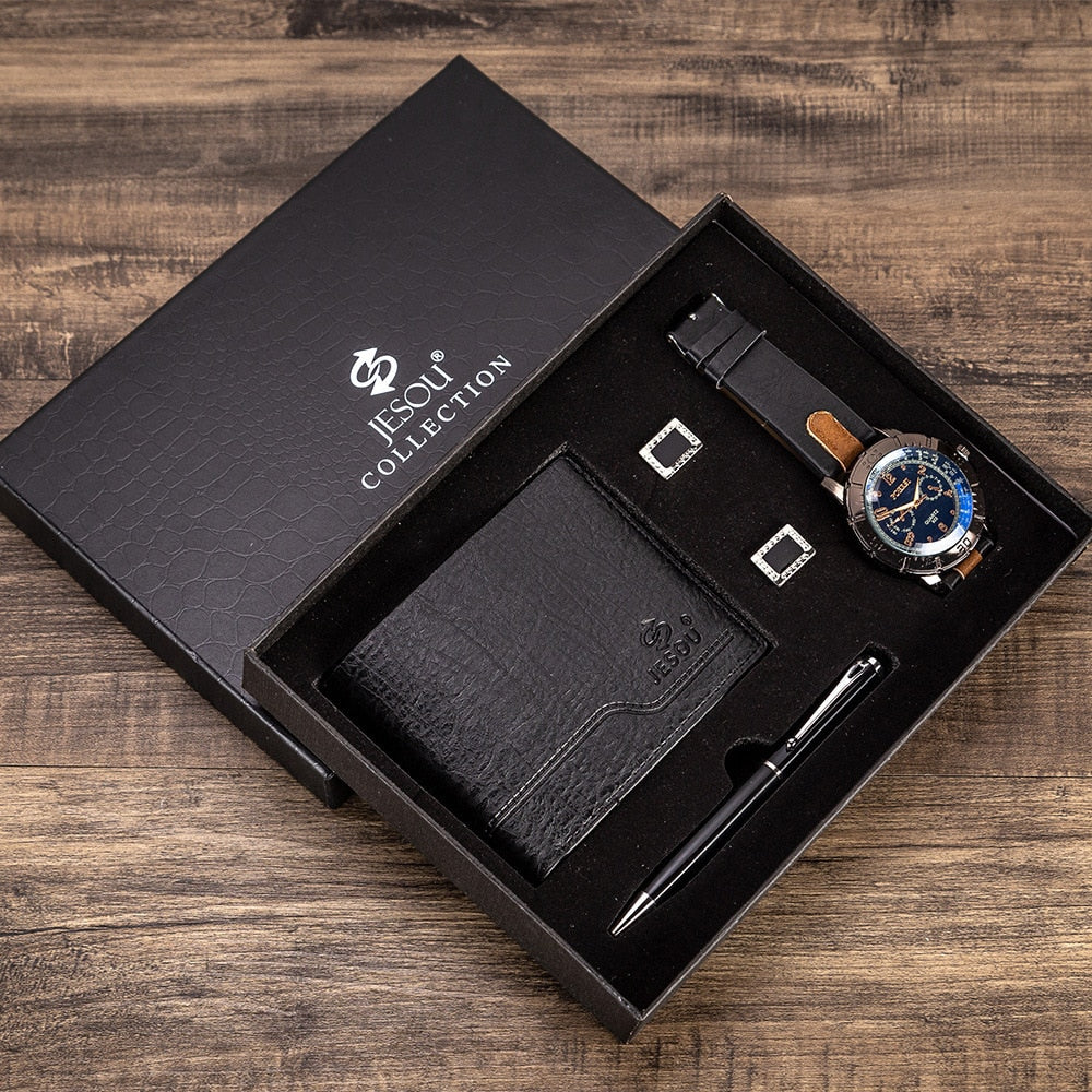 Stylish Men's Leather Watch Gift Box Set
