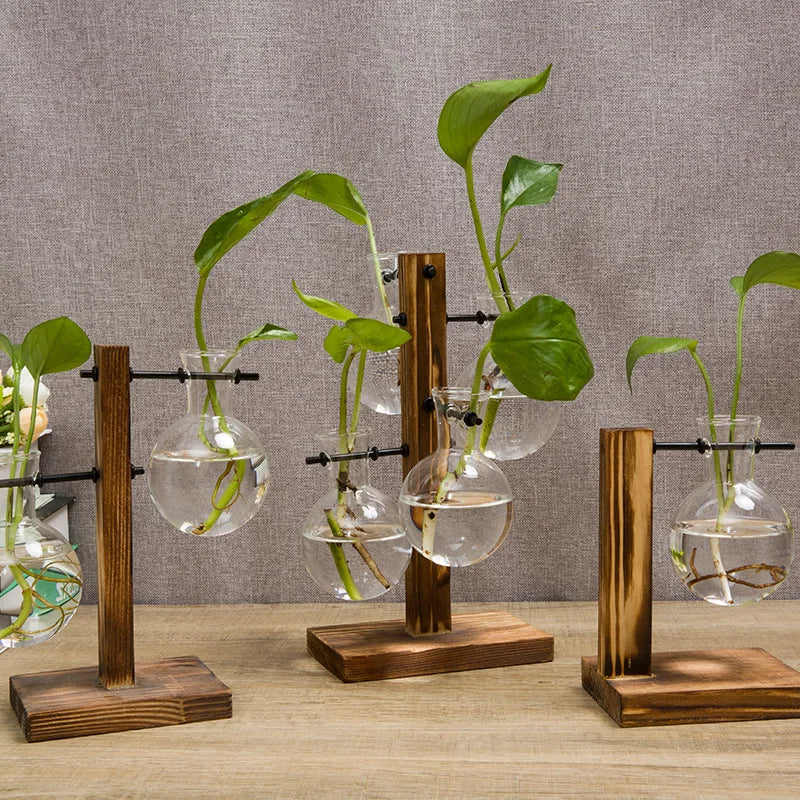 Modern Wood Accent Glass Vase Set for Fresh Flowers