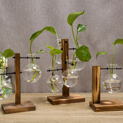 Modern Wood Accent Glass Vase Set for Fresh Flowers