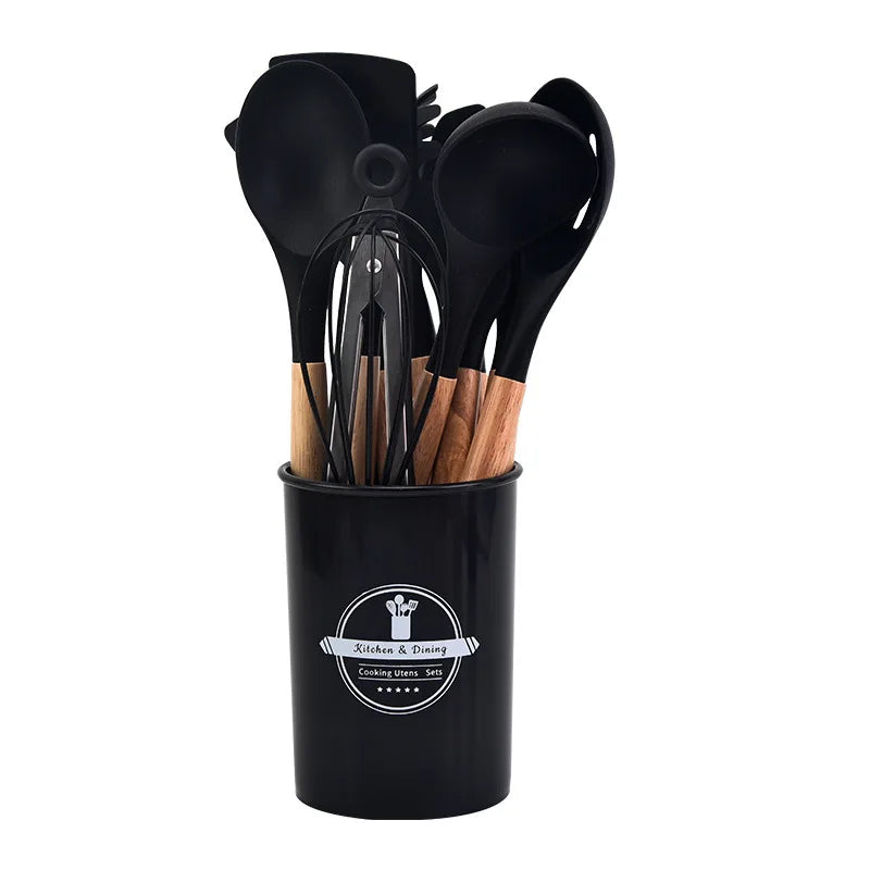 Non-Stick Silicone Kitchen Tools Set with Wooden Handles - Fesara