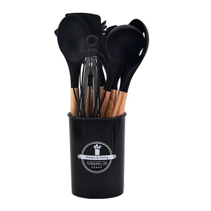 Non-Stick Silicone Kitchen Tools Set with Wooden Handles - Fesara