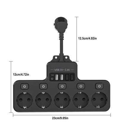 Compact EU Power Strip with 5 Outlets and 4 USB Ports
