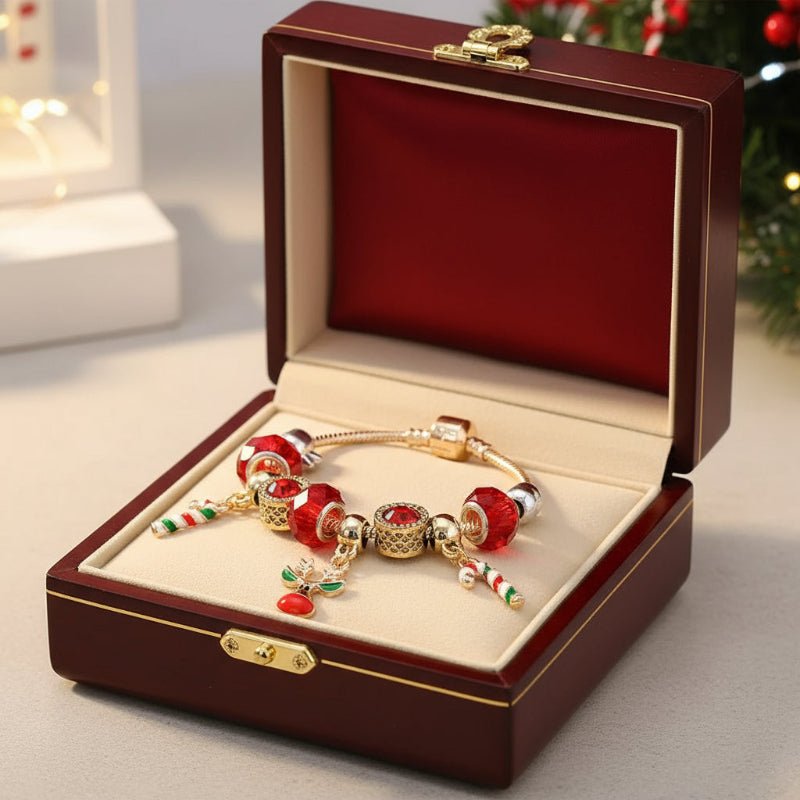 Holiday Red Candy Cane Charm Bracelet with Adjustable Chain - Fesara