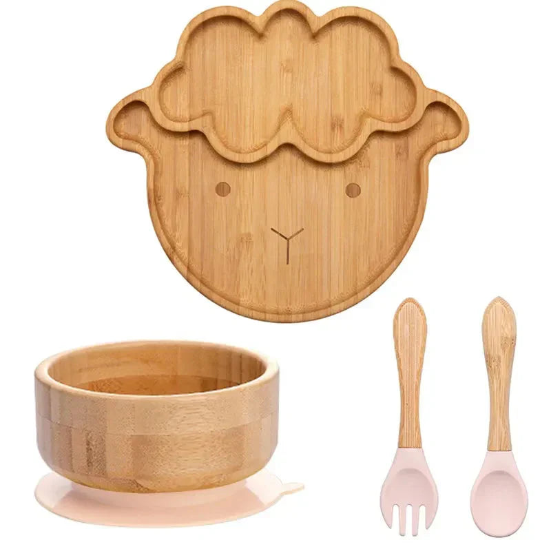 Natural Bamboo Baby Dish Set with Strong Suction Base