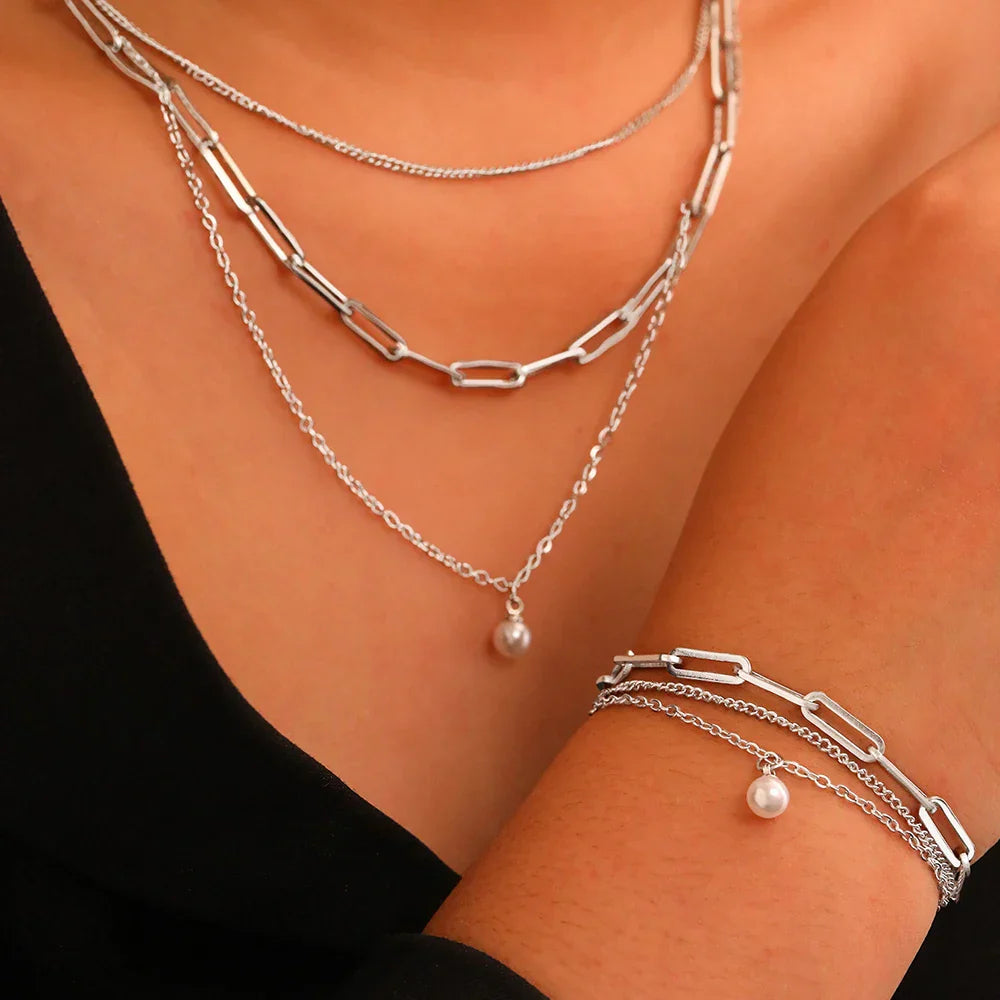 Delicate Pearl Chain Layering Bracelet Necklace Set