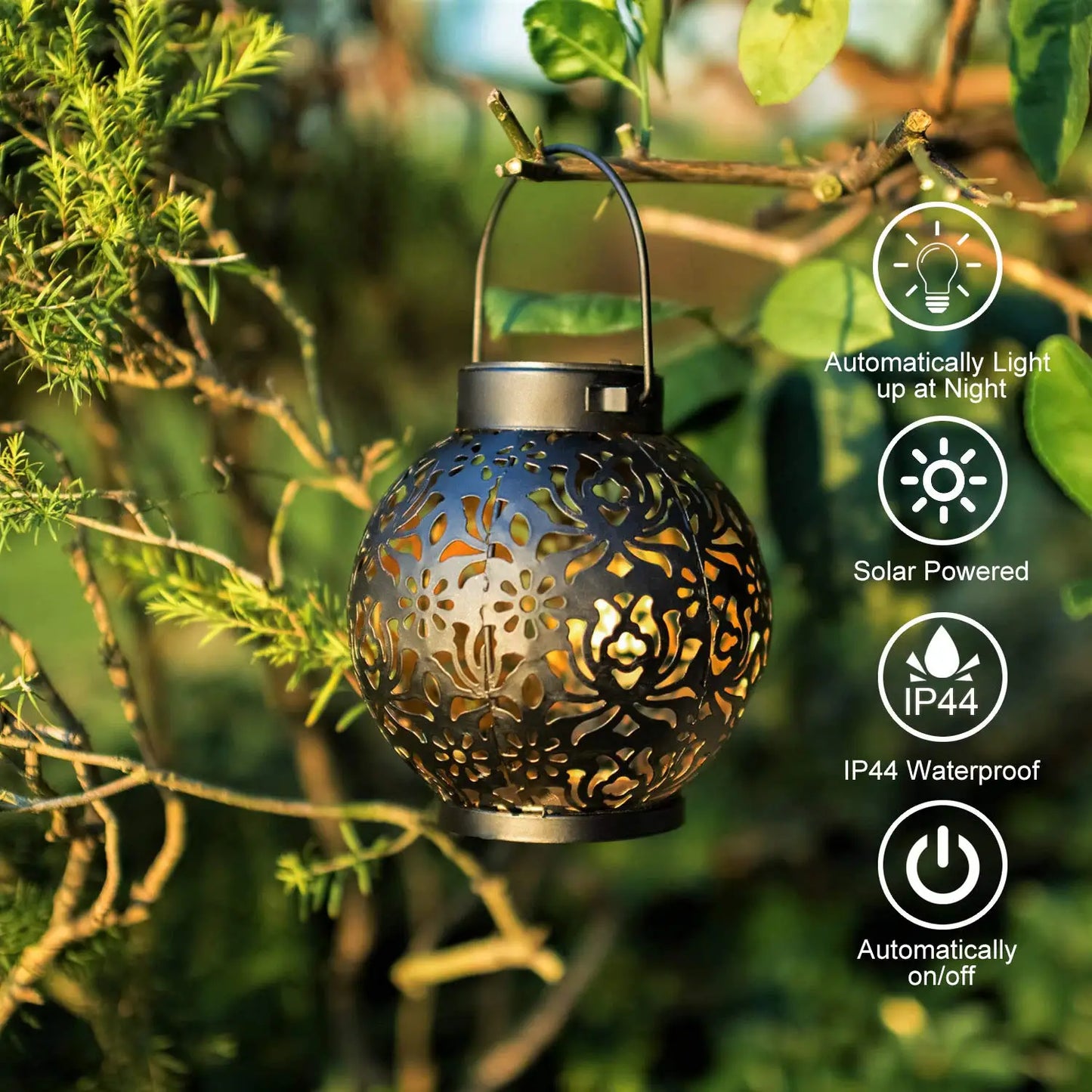 Solar Powered Hanging Garden Lantern with Iron Decor