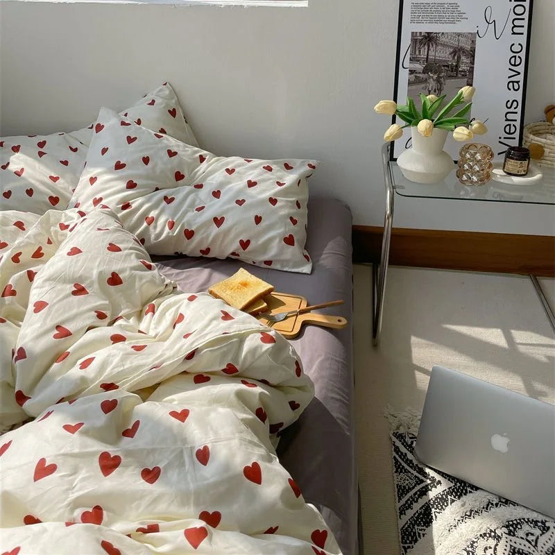 Cute Heart Duvet Cover Set - Soft Floral Bedding