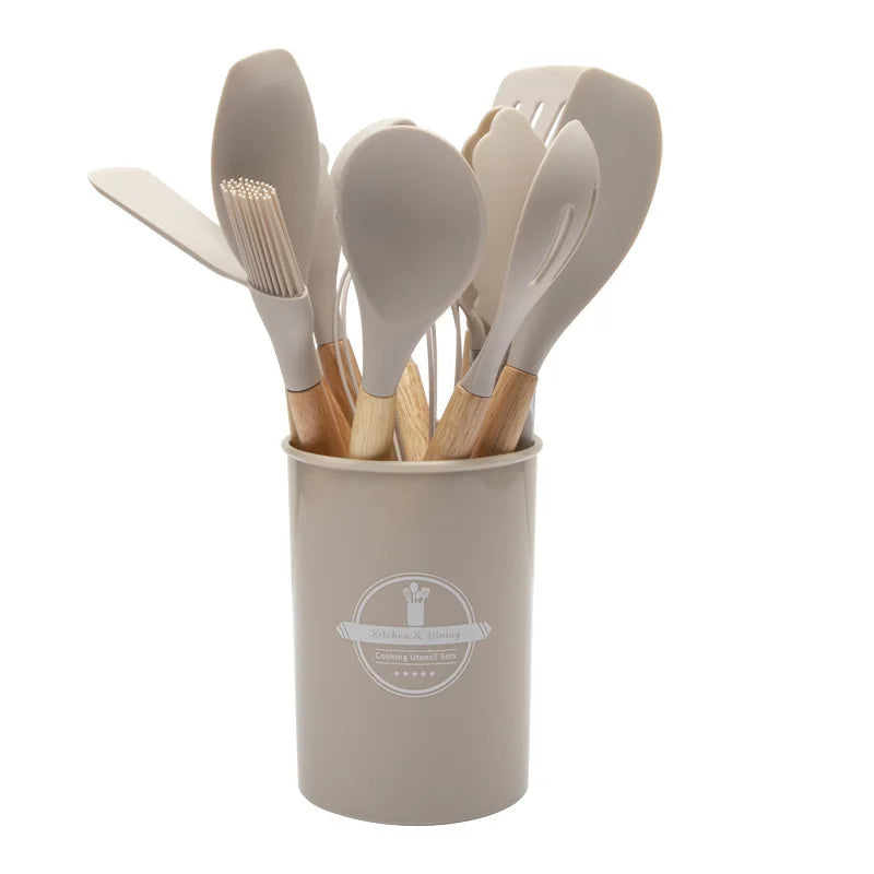 Non-Stick Silicone Kitchen Tools Set with Wooden Handles