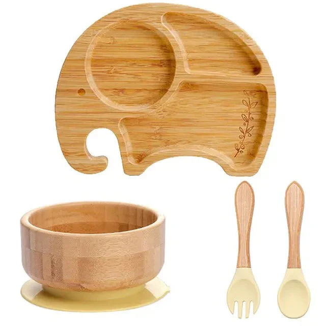 Natural Bamboo Baby Dish Set with Strong Suction Base