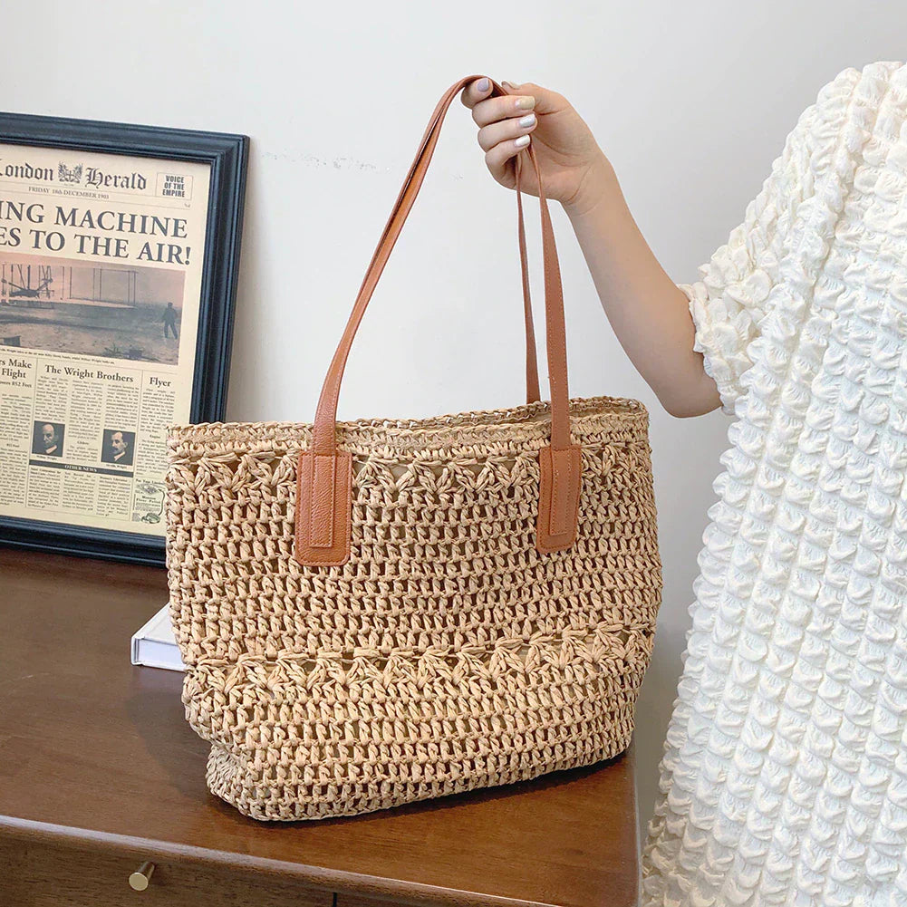 Stylish Woven Tote Bag with Brown Leather Shoulder Straps