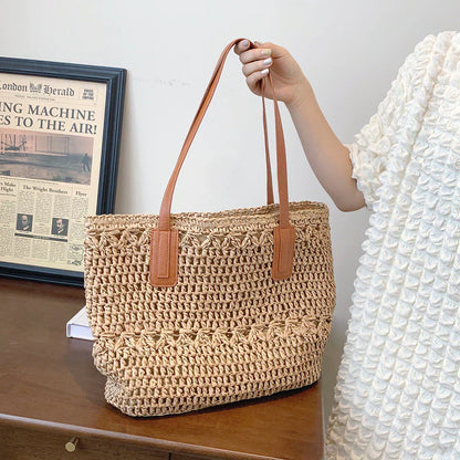 Stylish Woven Tote Bag with Brown Leather Shoulder Straps