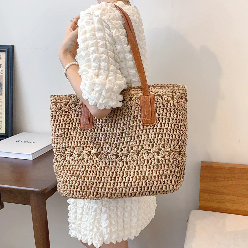Stylish Woven Tote Bag with Brown Leather Shoulder Straps - Fesara