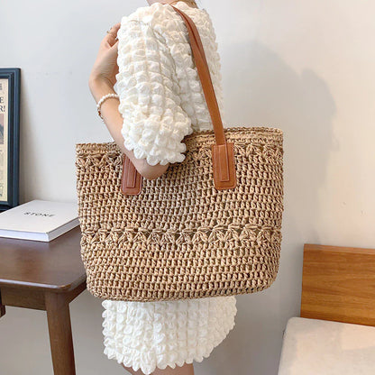 Stylish Woven Tote Bag with Brown Leather Shoulder Straps - Fesara