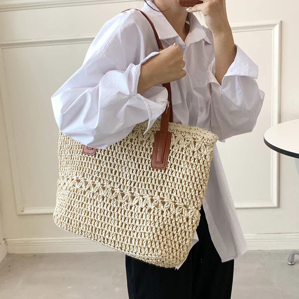Stylish Woven Tote Bag with Brown Leather Shoulder Straps